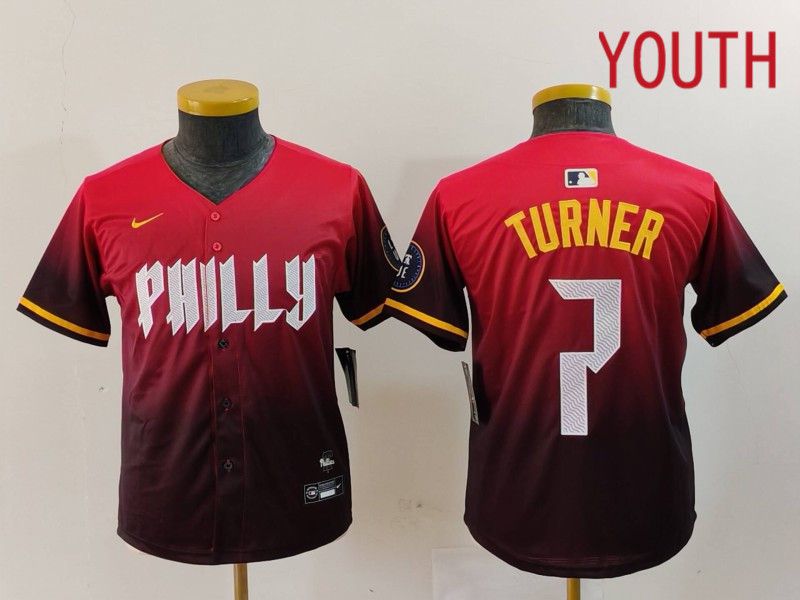 Youth Philadelphia Phillies #7 Turner Red City Edition 2024 Nike MLB Jersey style 1->youth mlb jersey->Youth Jersey